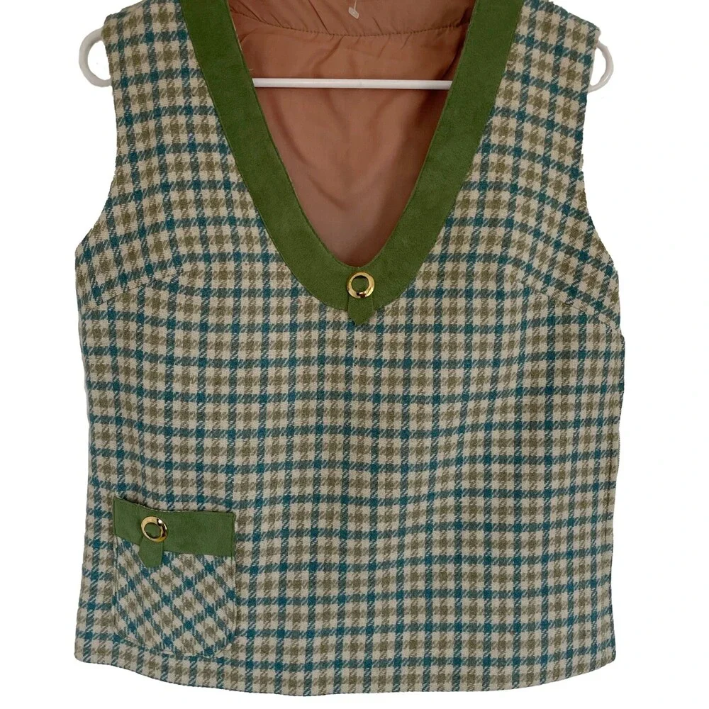 Vintage Wool Suede Green Sleeveless Checkered Pullover Vest Plaid Womens S/M - Picture 1 of 14